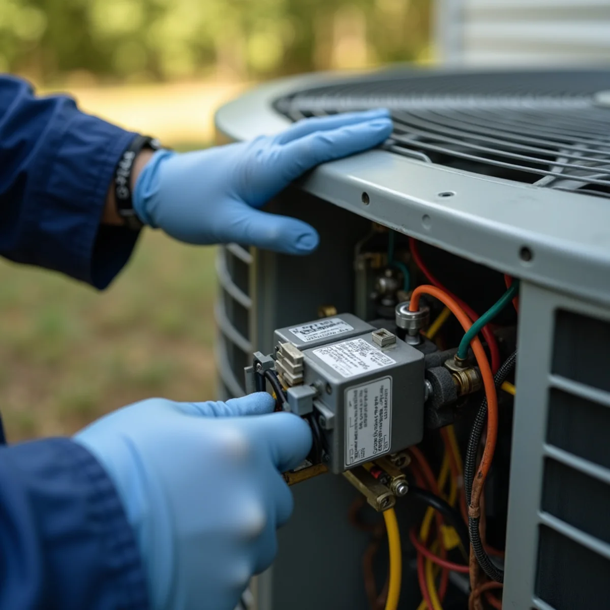 Technician testing the electrical components of a residential AC condenser in Somerset, KY