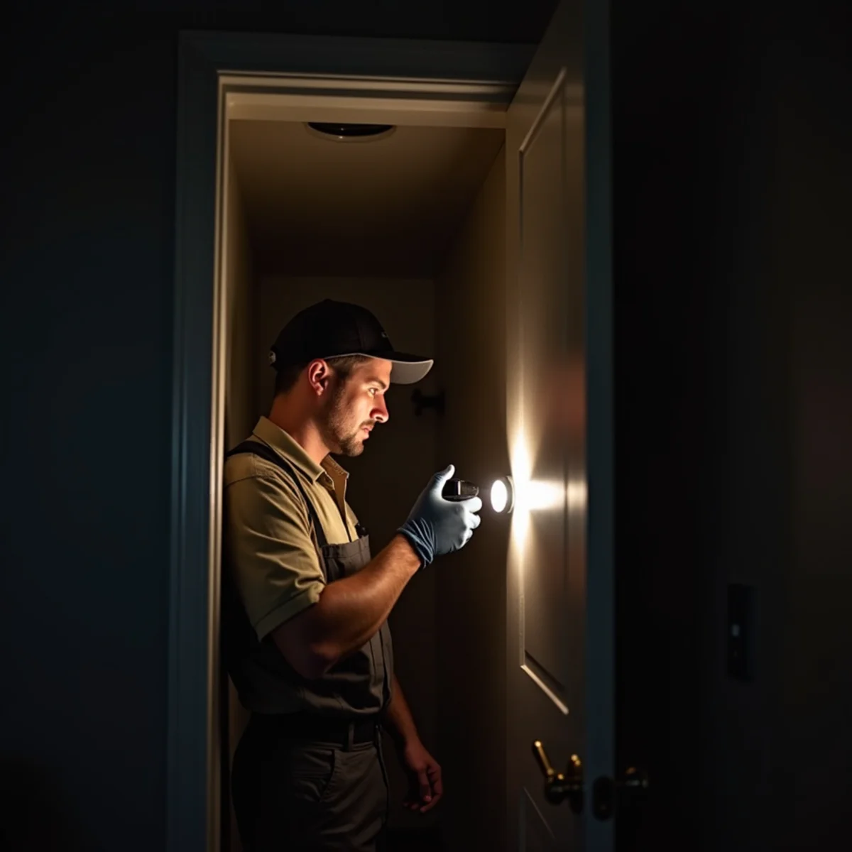 Technician making an after-hours no-heat furnace repair by flashlight in a Somerset, KY home