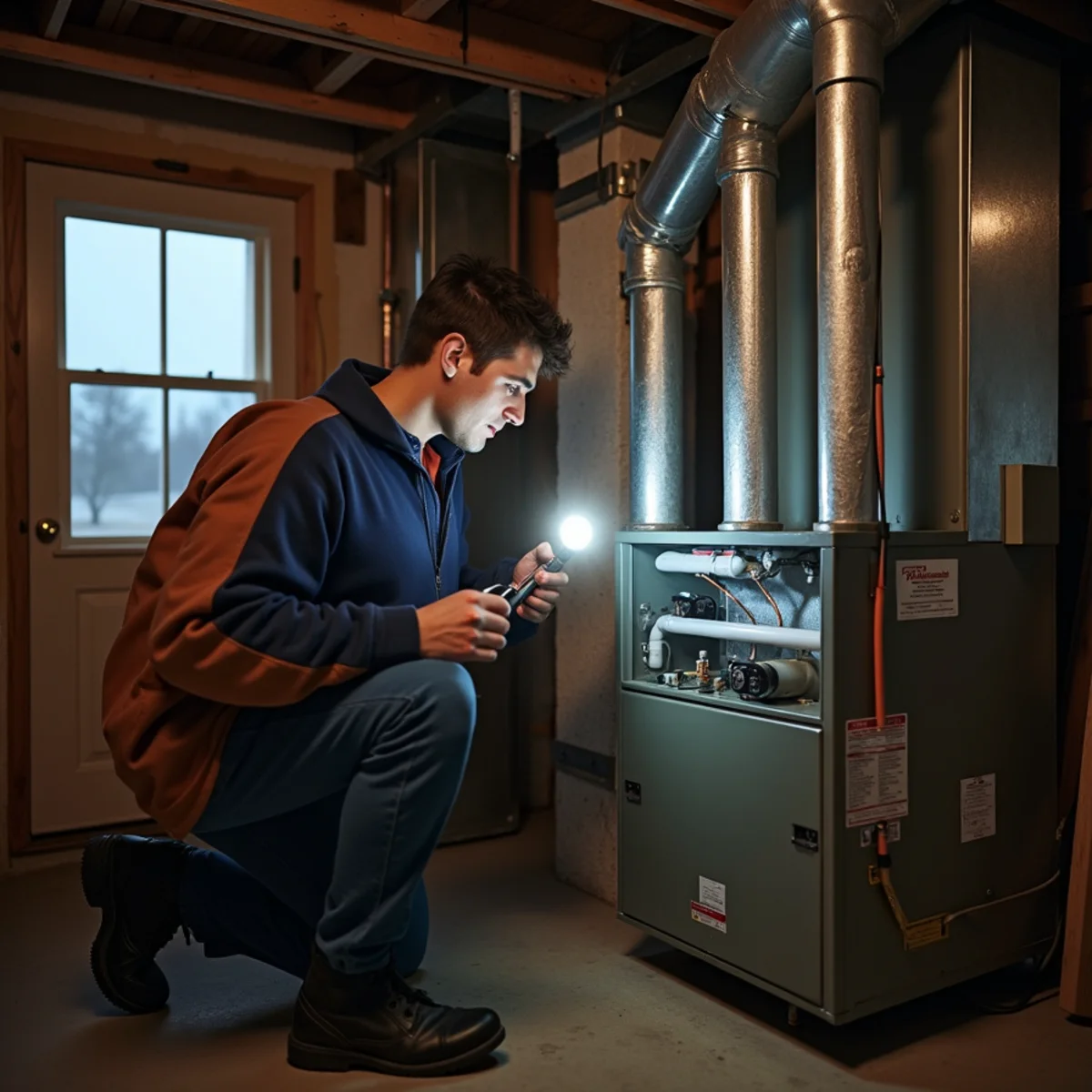 HVAC technician servicing a gas furnace in a Somerset, KY home on a winter night