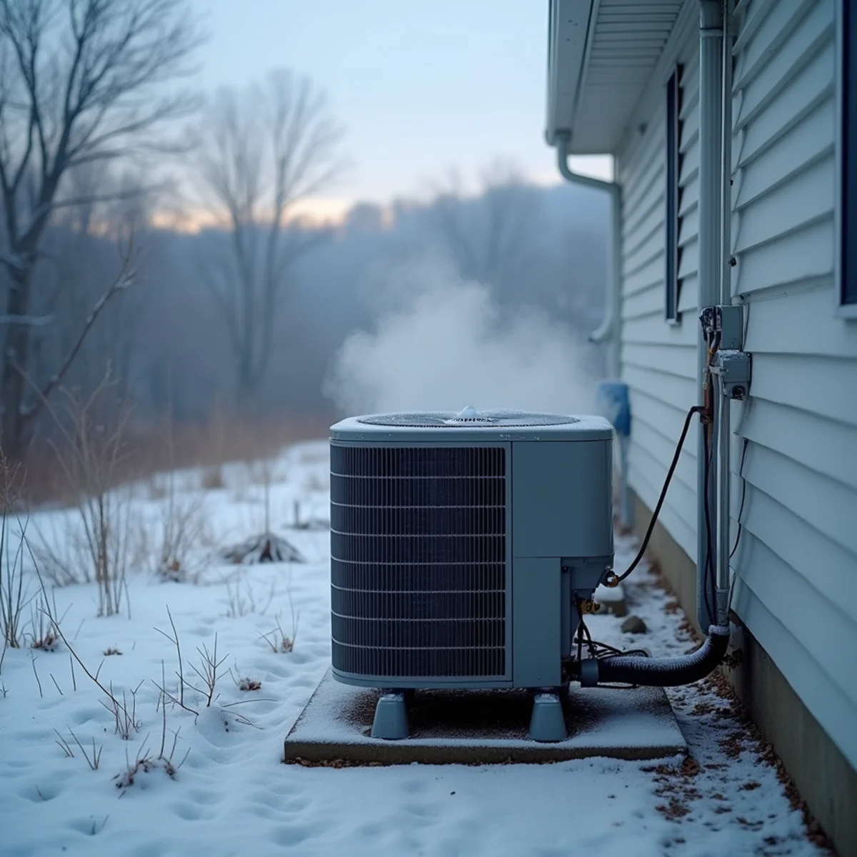Heat pump outdoor unit with light winter frost running a defrost cycle in Kentucky