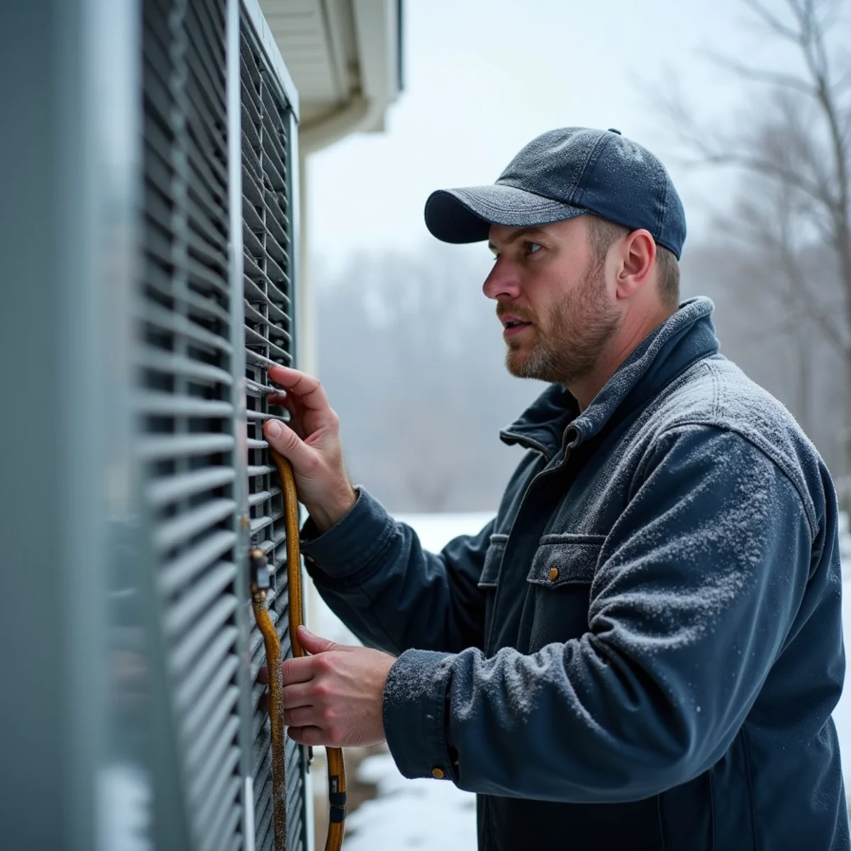 HVAC technician servicing a heat pump outdoor unit at a rural Pulaski County, KY home in winter