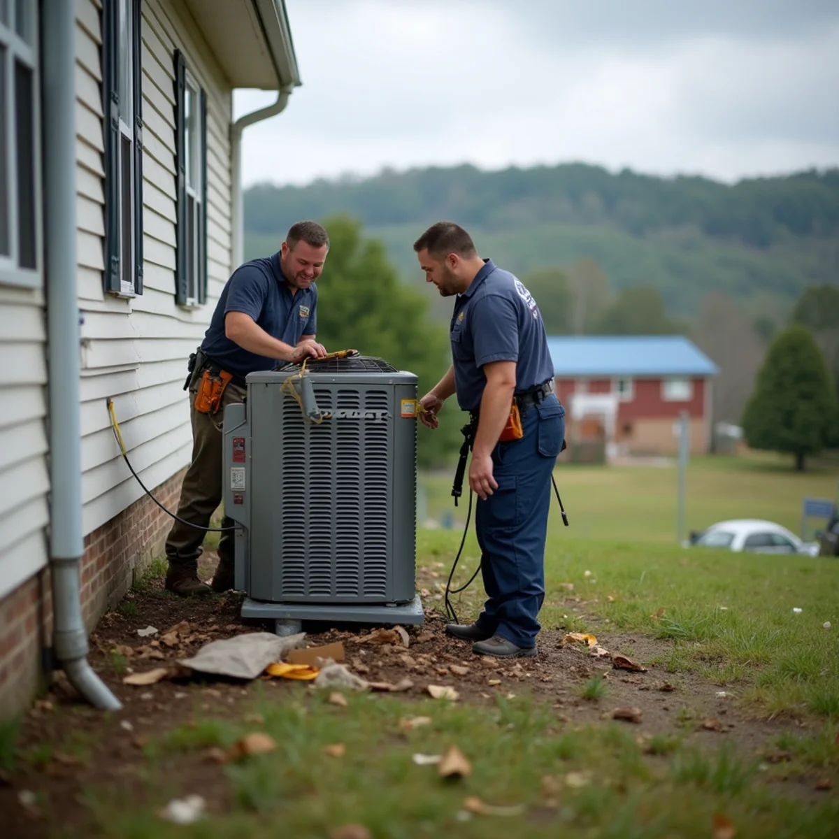 Outdoor HVAC unit with storm debris being checked after severe weather in southern Kentucky
