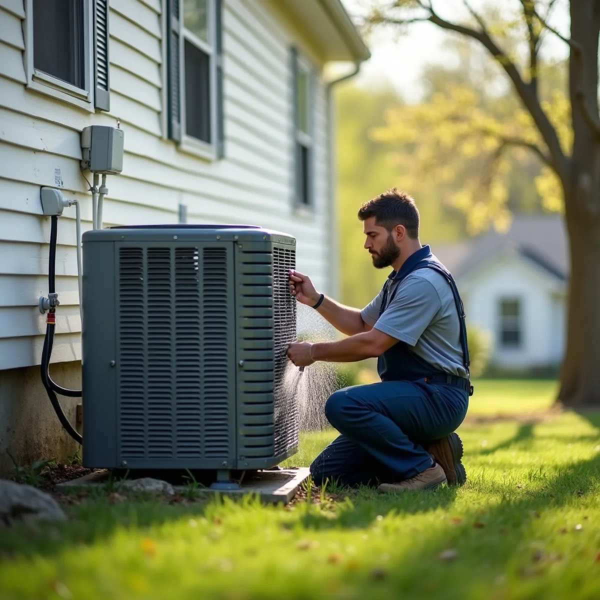 HVAC technician performing a seasonal tune-up on an outdoor unit at a Kentucky home