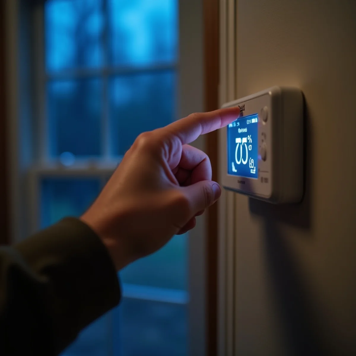 Homeowner setting a thermostat to heat mode during a no-heat furnace check