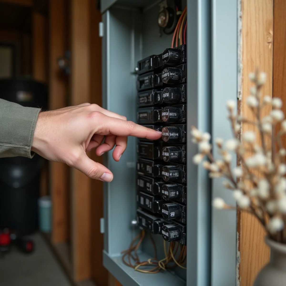 Hand checking a breaker in an electrical panel during a no-heat furnace check