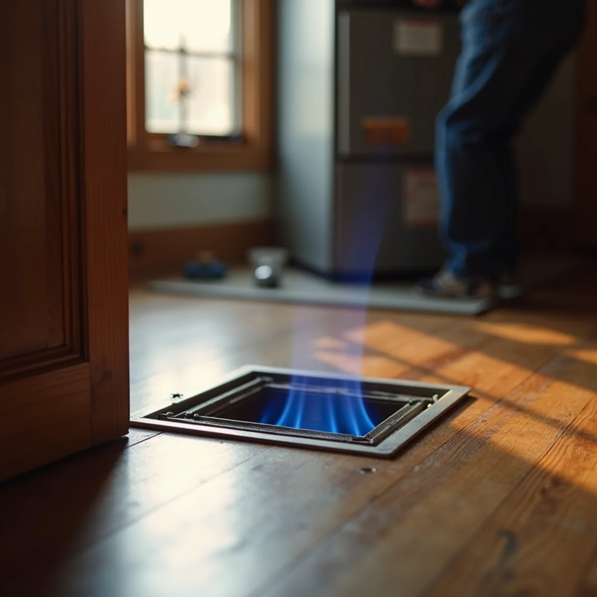 Open floor register and a blue furnace flame seen during a no-heat furnace check